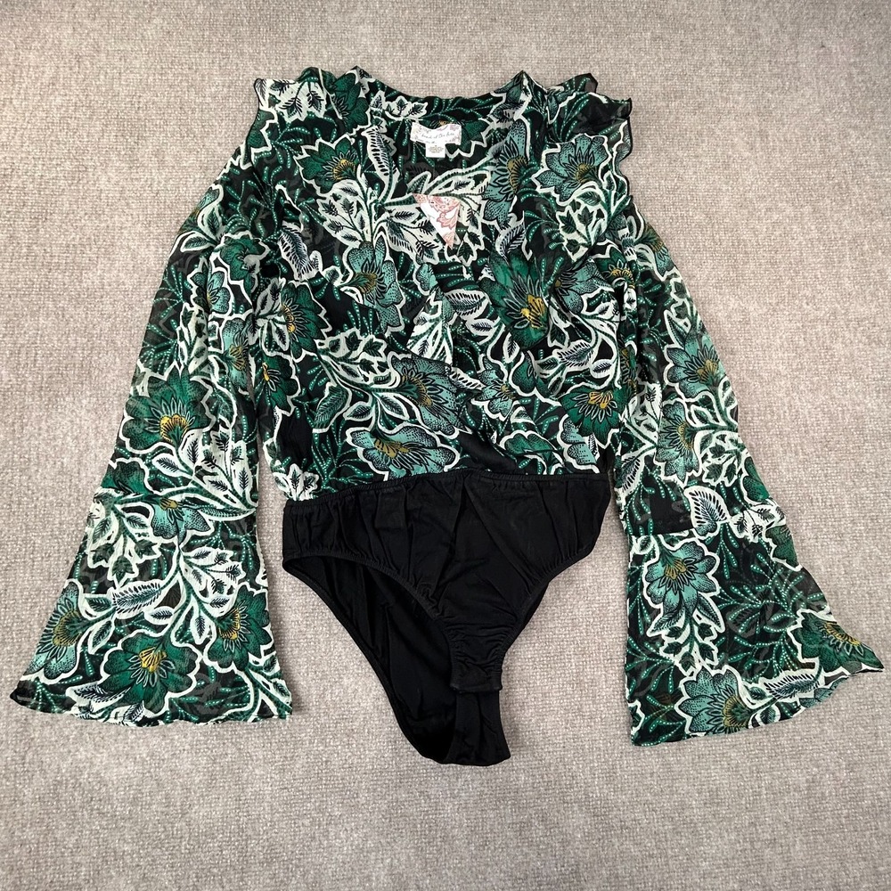 Band Of The Free Bonnie Emerald Floral Bodysuit Top Womens M Black Bell Sleeve